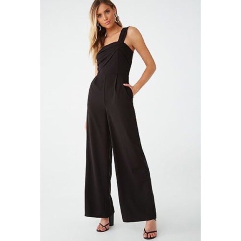 New Forever 21 Black One-Shoulder Wide-leg Jumpsuit